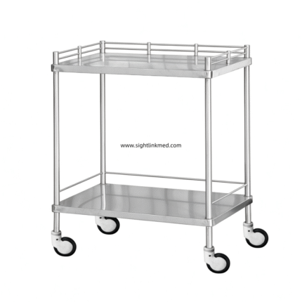 Customizable Size Stainless Steel Medical Instrument Trolley 2‑Tier Hospital Service Cart With 3‑Side Railings 4 Swivel Castors 2 Brakes