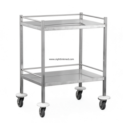 3‑Side Guard Rails 4 Swivel Wheels 2 Brakes Customizable Heavy‑Duty 2‑Tier Stainless Steel Medical Trolley for Hospital Clinic