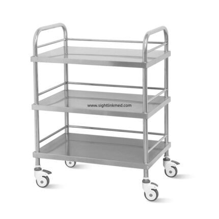 3‑Tier Stainless Steel Medical Utility Trolley Hospital Instrument Cart with 3‑Side Railings, Dual‑Side Push Handles, 4 Swivel Casters 2 Brakes