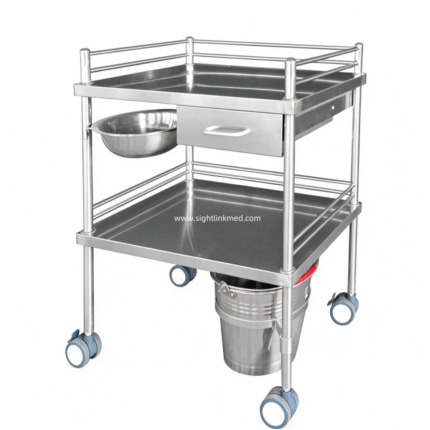 Customizable Size 2‑Tier Stainless Steel Medical Treatment Trolley Hospital Cart with SS Drawer, Basin & Basket, 3‑Side Railings, 4 Swivel Casters with 2 Brakes