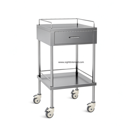Stainless Steel Medical Trolley Cart 2‑Tier Shelves with 1 Drawer 3‑Side Guard Rails 4 Swivel Casters 2 Brakes Custom Hospital Treatment Cart